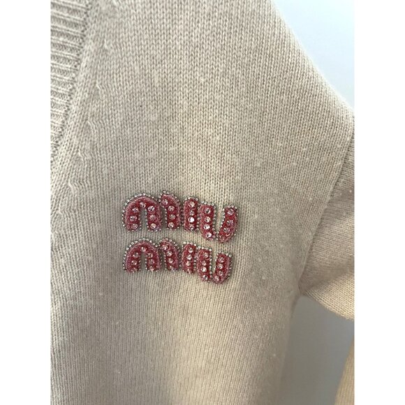 Miu Miu Womens Beige Knit Wool Button-Up Cardigan With Crystal Embellished Logo - Picture 3 of 10